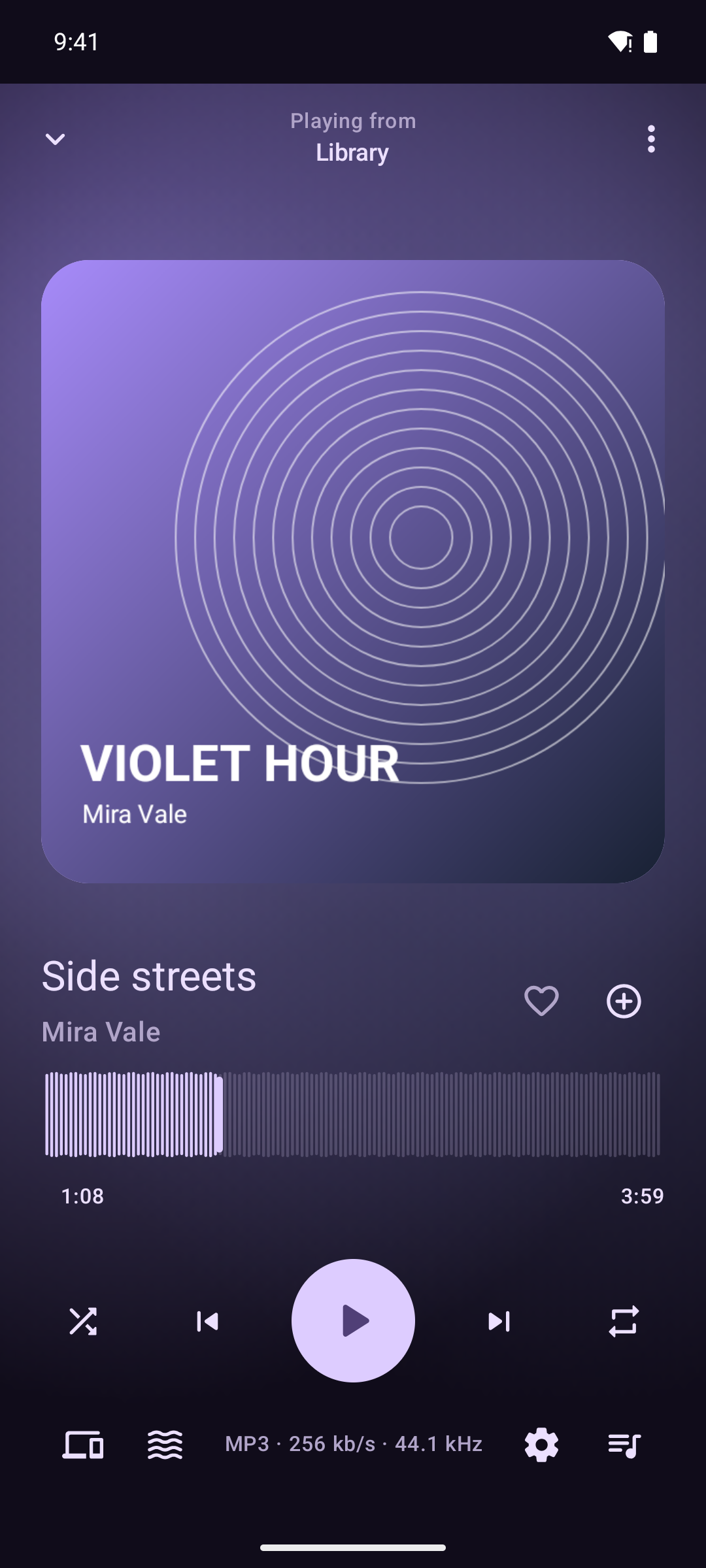 Now playing with a waveform and playback controls