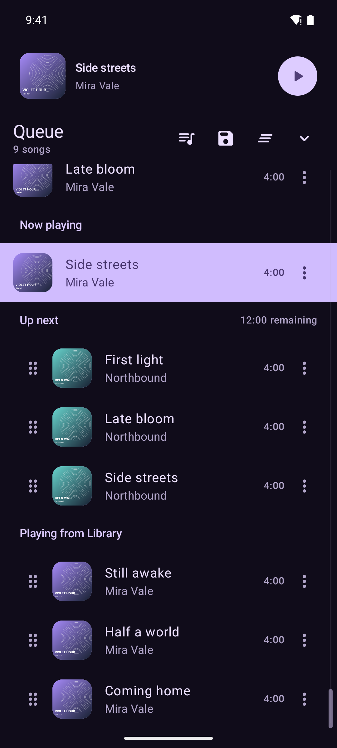 Queue with previously played songs and a separate Up next section